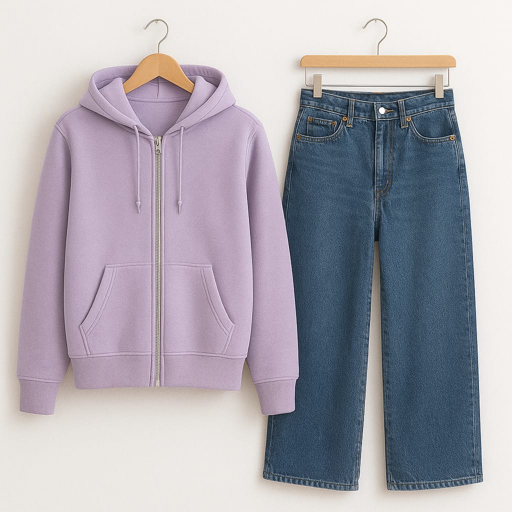 Zipper Hoodie With Mid Blue Wide Leg Jeans