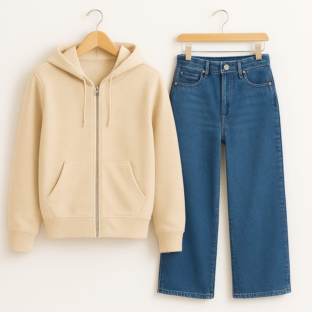 Zipper Hoodie With Mid Blue Wide Leg Jeans