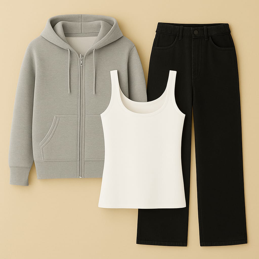 Zipper Hoodie With Inner & Black Wide Leg Jeans