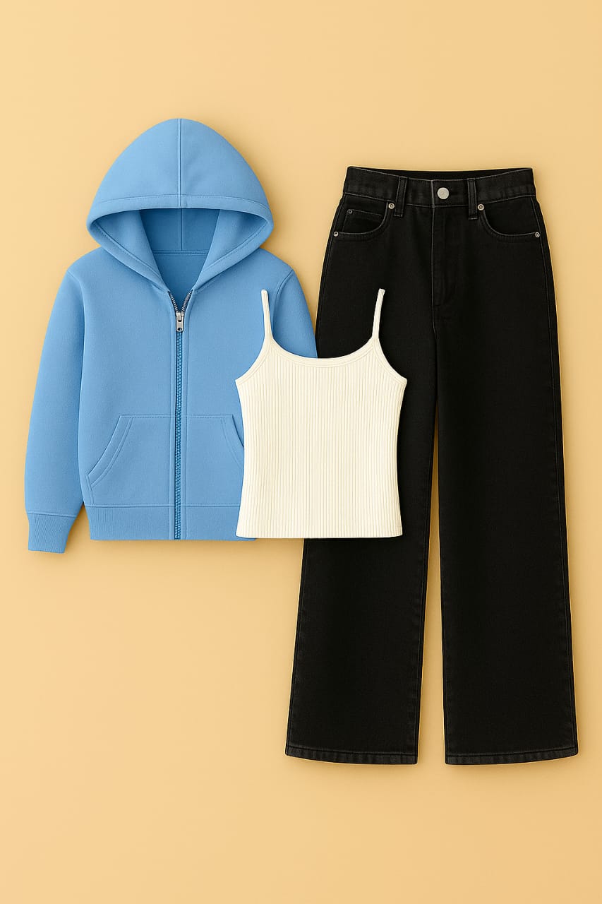 Zipper Hoodie With Inner & Black Wide Leg Jeans