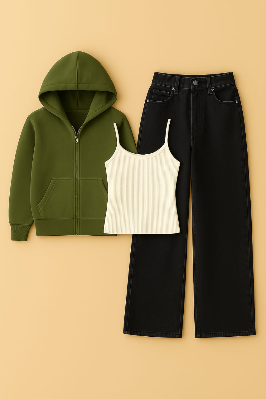 Zipper Hoodie With Inner & Black Wide Leg Jeans