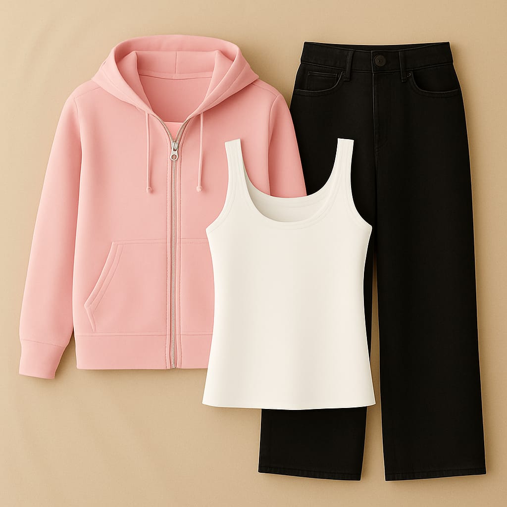 Zipper Hoodie With Inner & Black Wide Leg Jeans