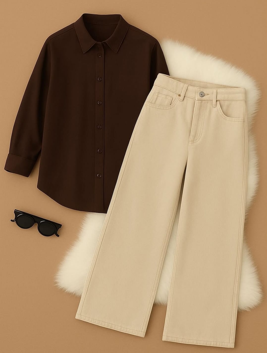 Brown Button Down Shirt & Beige Wide Leg Jeans