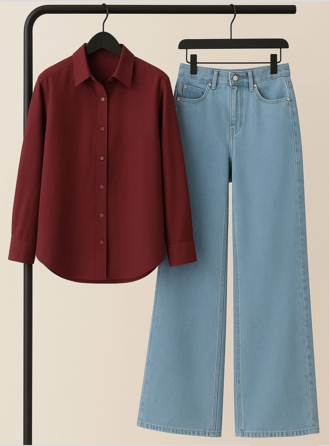 Maroon Button Down Shirt & Ice-blue Wide Leg Jeans