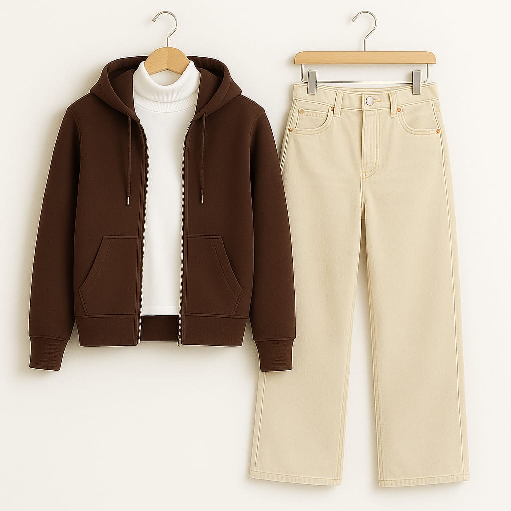 Zipper Hoodie with Highneck & Beige Wide Leg Jeans