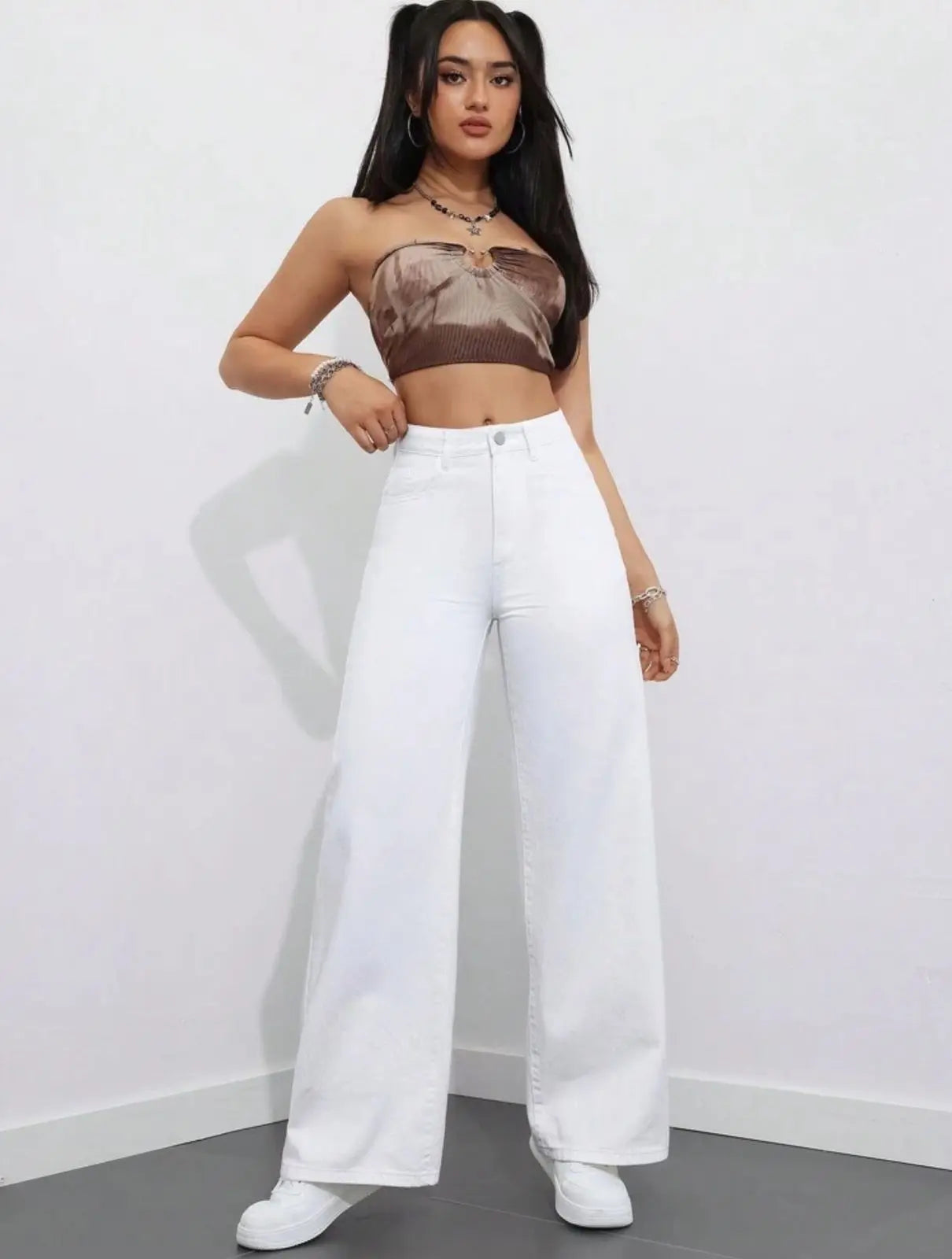 Wide-Leg Denim Jeans-Solid White