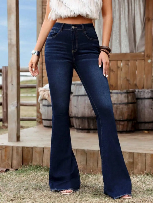 Bell Bottom Denim Jeans-Dark Indigo Blue