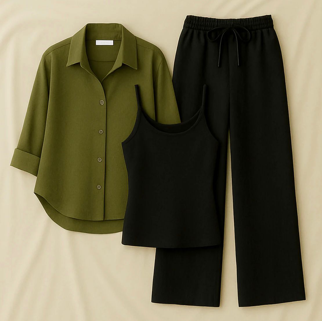 Olive Green Button Down Shirt With Inner & Black Flapper Trouser