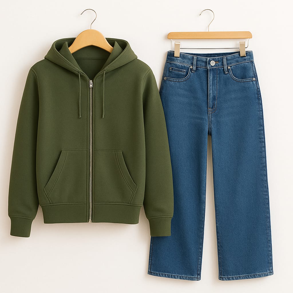 Zipper Hoodie With Mid Blue Wide Leg Jeans