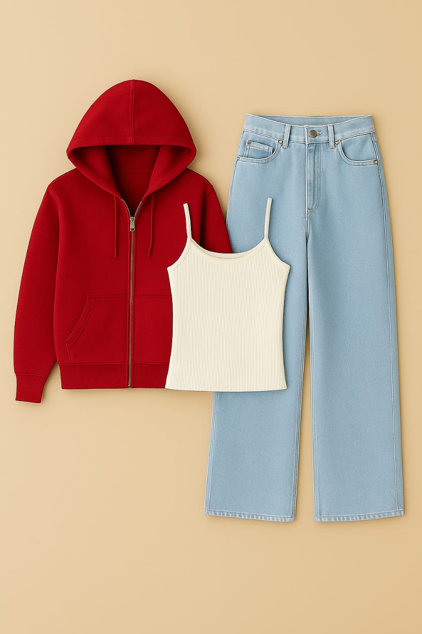 Zipper Hoodie With Inner & Ice Blue Wide Leg Jeans