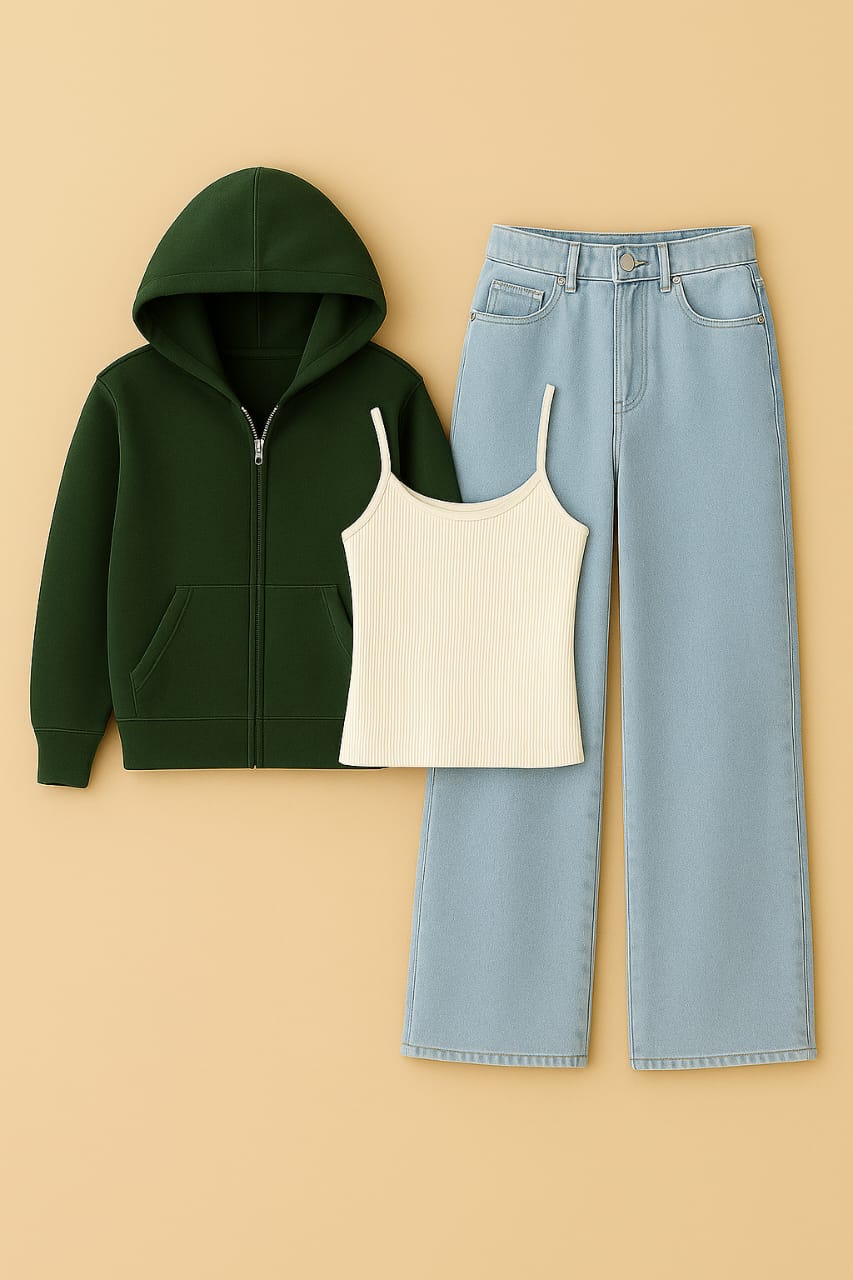 Forest Green Zipper Hoodie With Inner & Ice Blue Wide Leg Jeans