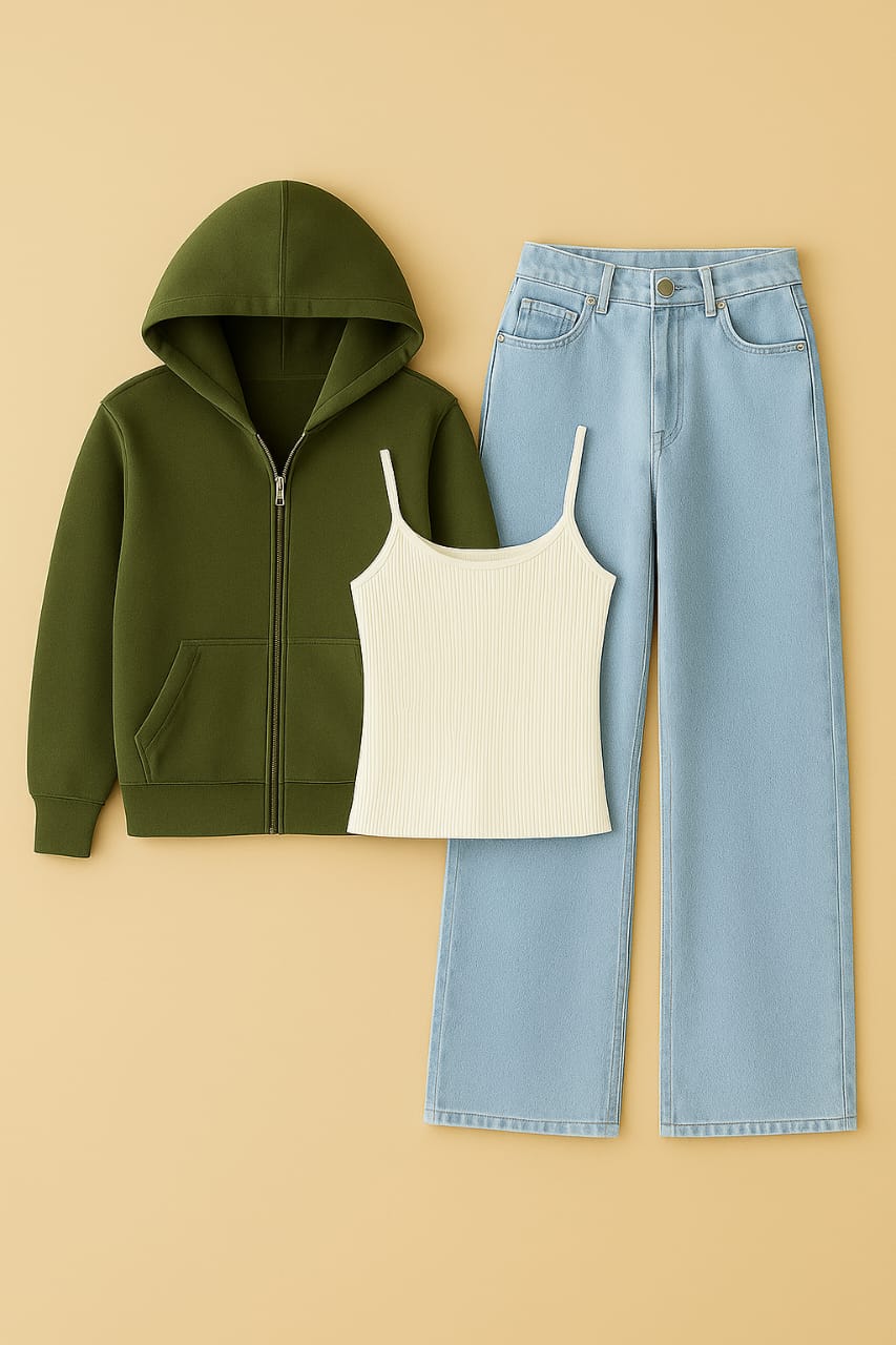 Zipper Hoodie With Inner & Ice Blue Wide Leg Jeans