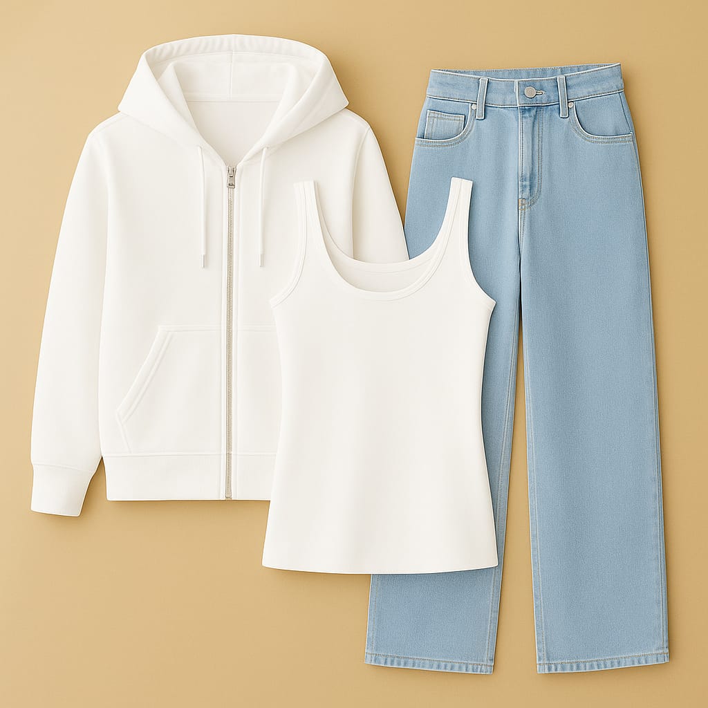 Zipper Hoodie With Inner & Ice Blue Wide Leg Jeans