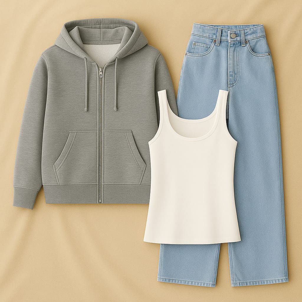 Zipper Hoodie With Inner & Ice Blue Wide Leg Jeans