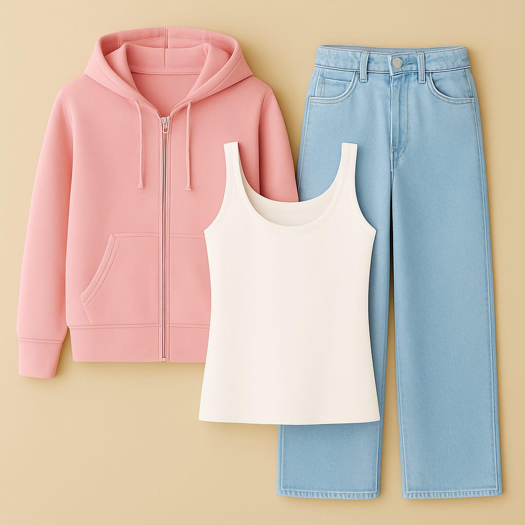 Zipper Hoodie With Inner & Ice Blue Wide Leg Jeans