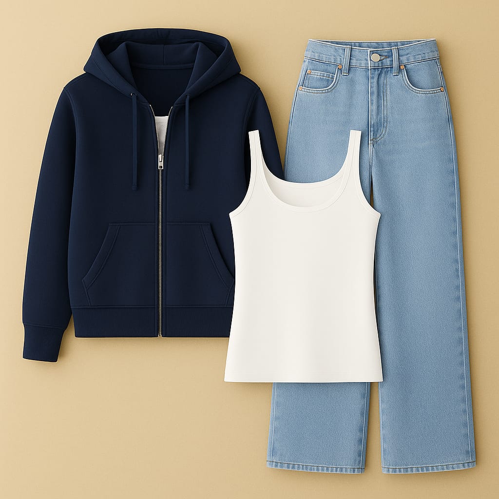 Zipper Hoodie With Inner & Ice Blue Wide Leg Jeans