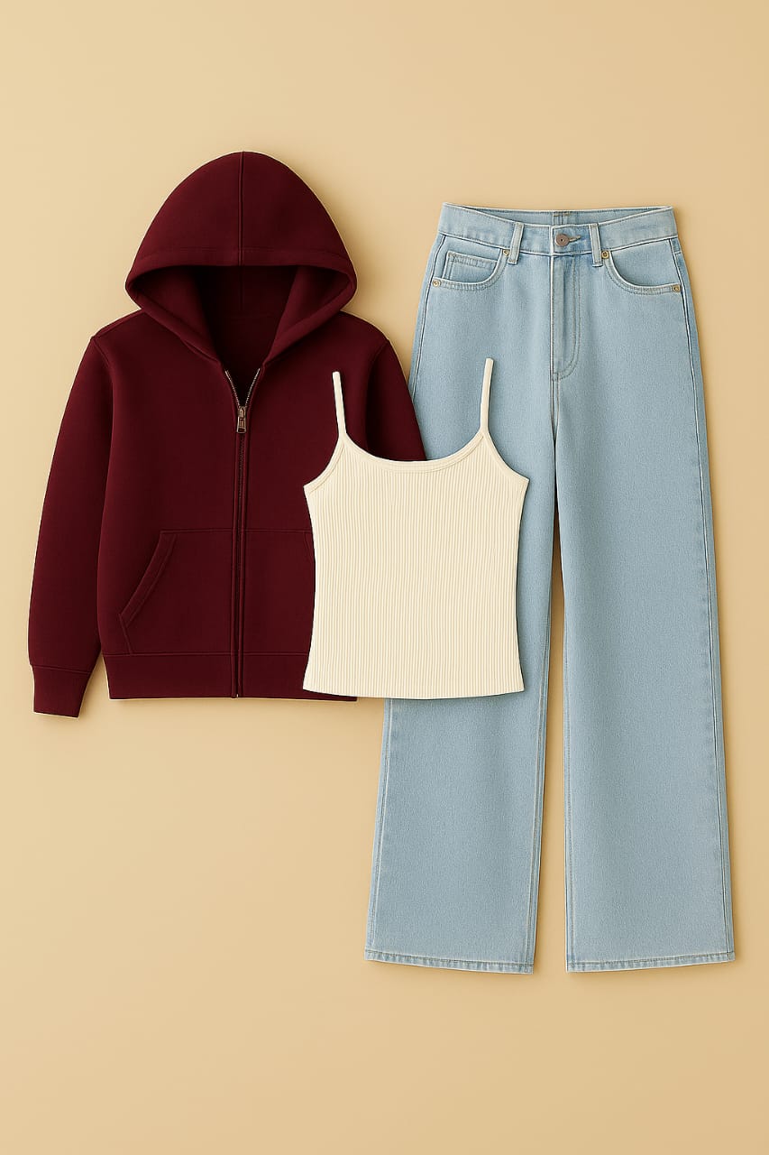 Zipper Hoodie With Inner & Ice Blue Wide Leg Jeans