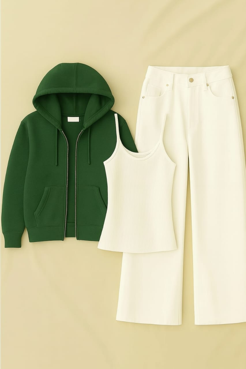 ZIipper Hoodie With Inner & White Wide Leg Jeans