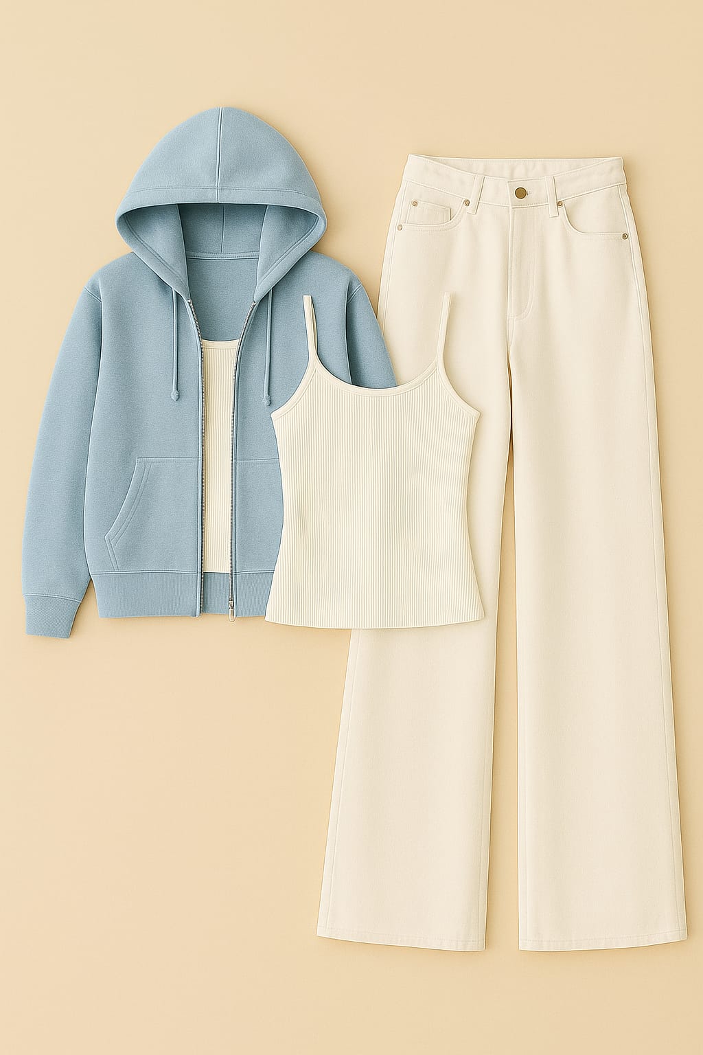 ZIipper Hoodie With Inner & White Wide Leg Jeans