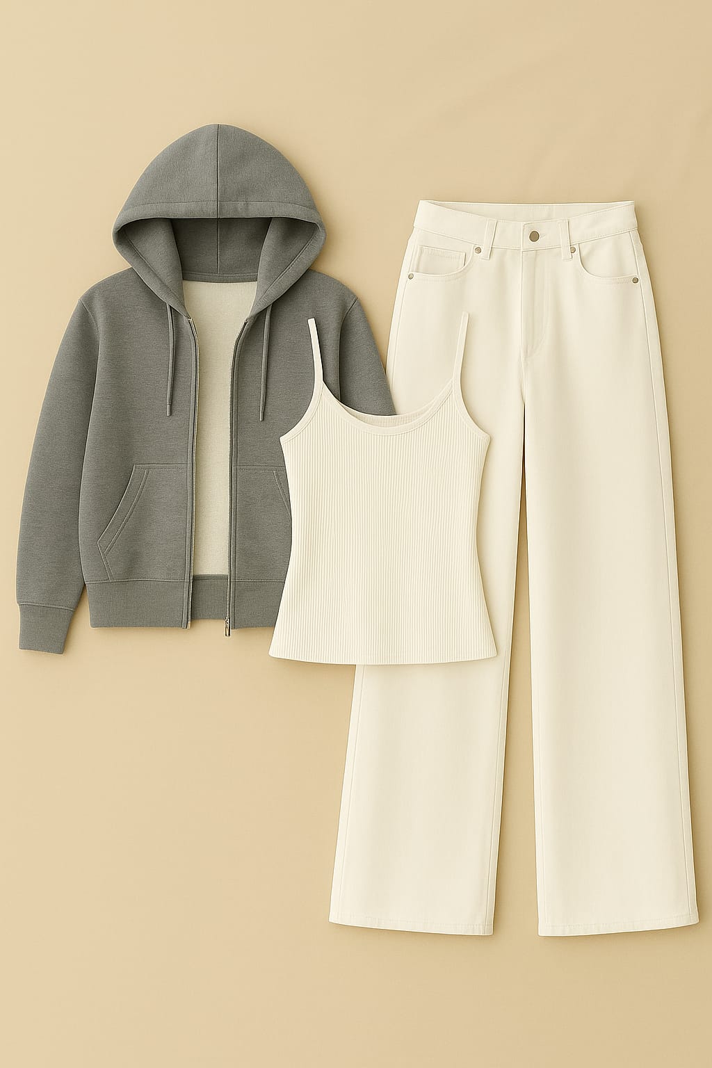 ZIipper Hoodie With Inner & White Wide Leg Jeans