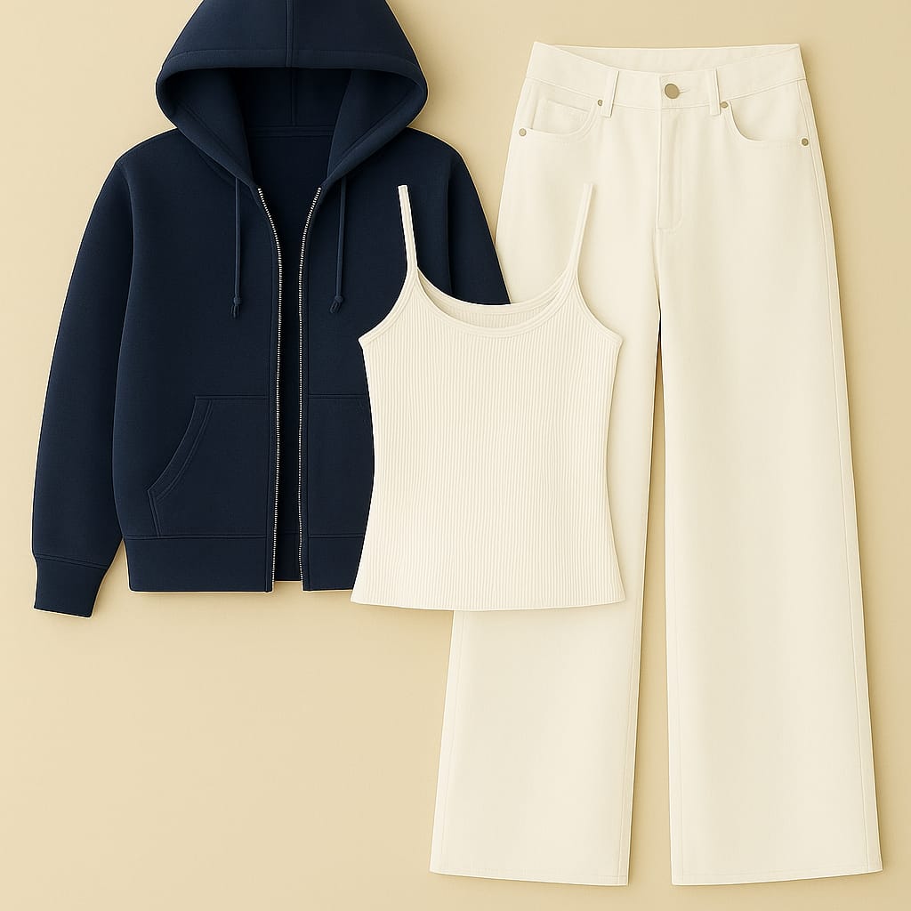 ZIipper Hoodie With Inner & White Wide Leg Jeans