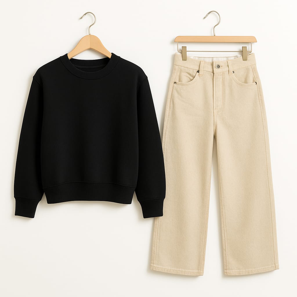 Black Sweatshirt With Beige Wide Leg Jeans