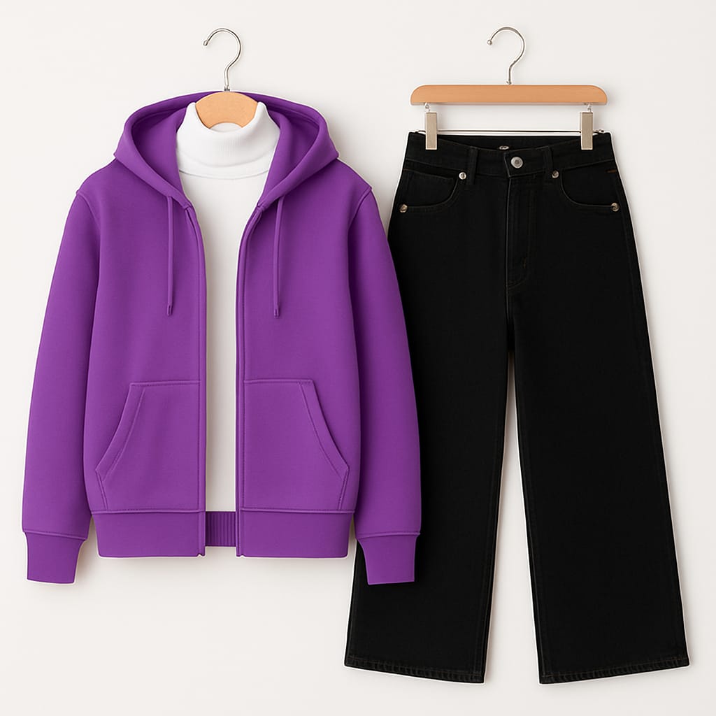 Zipper Hoodie with Highneck & Black Wide Leg Jeans