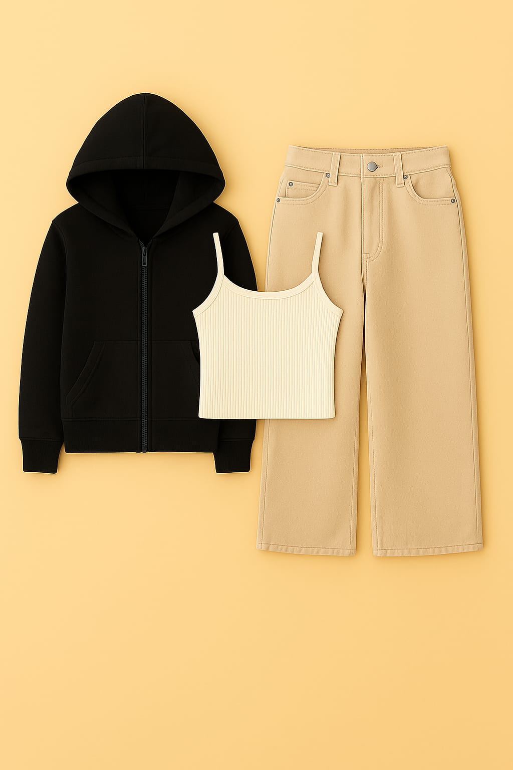 ZIipper Hoodie With Inner & Beige Wide Leg Jeans