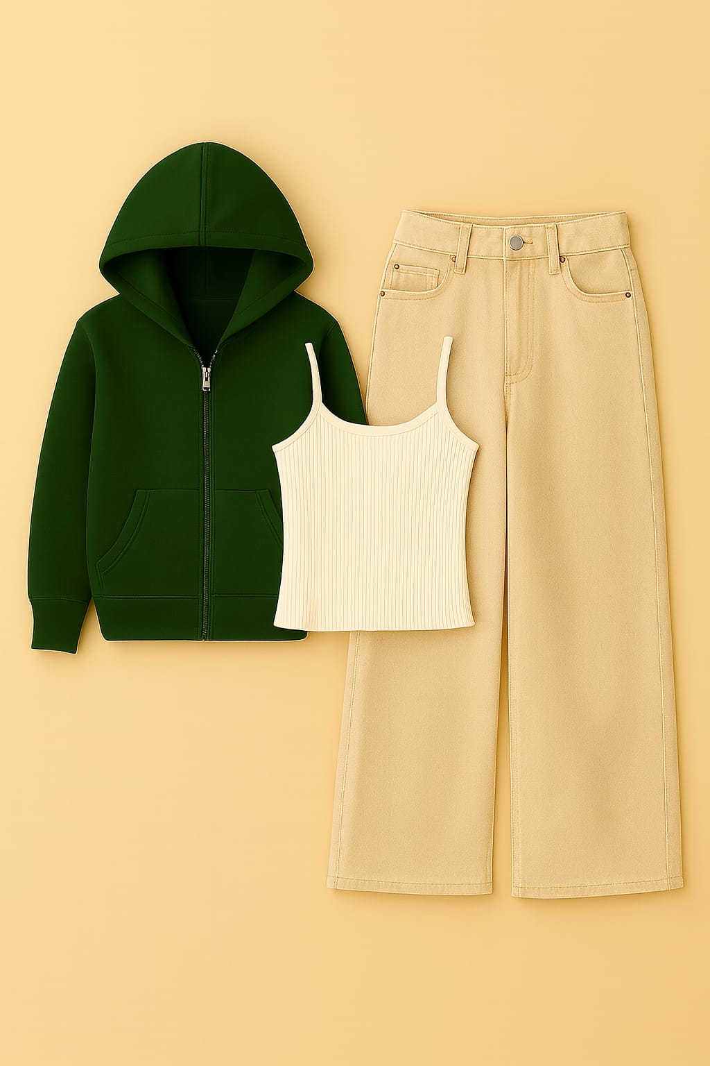ZIipper Hoodie With Inner & Beige Wide Leg Jeans