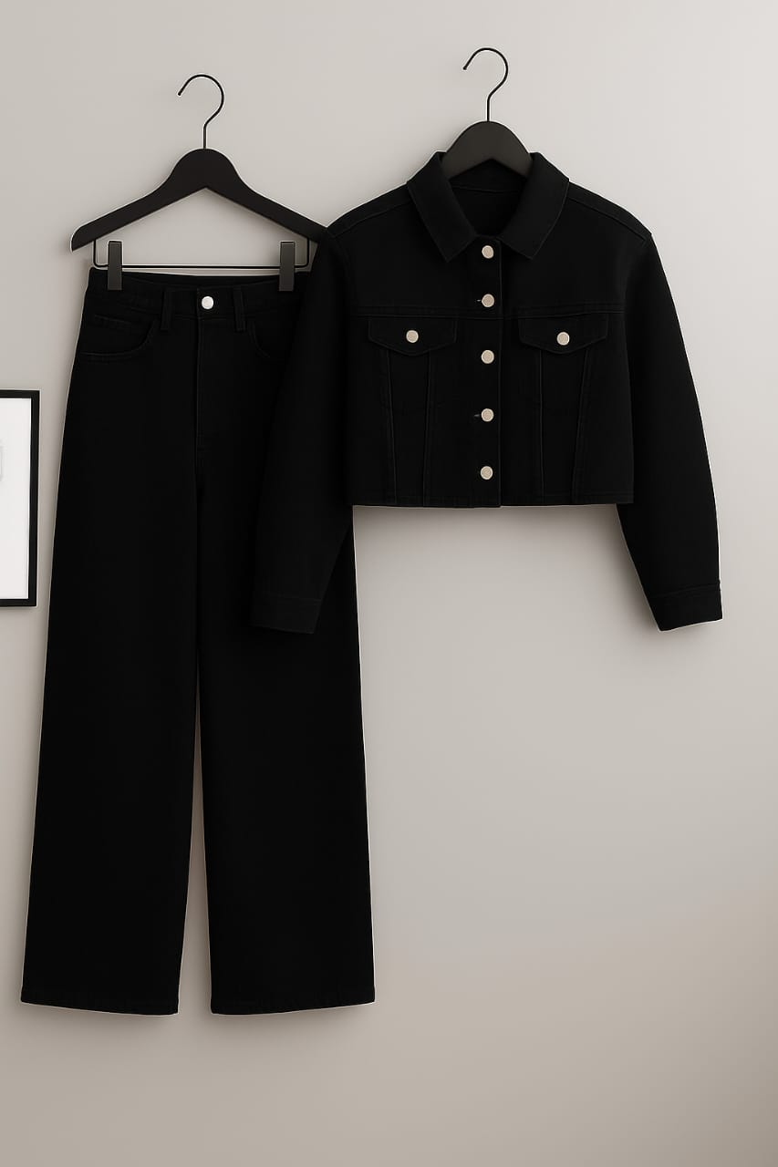 Black Crop Denim Jacket With Black Wide Leg Jeans