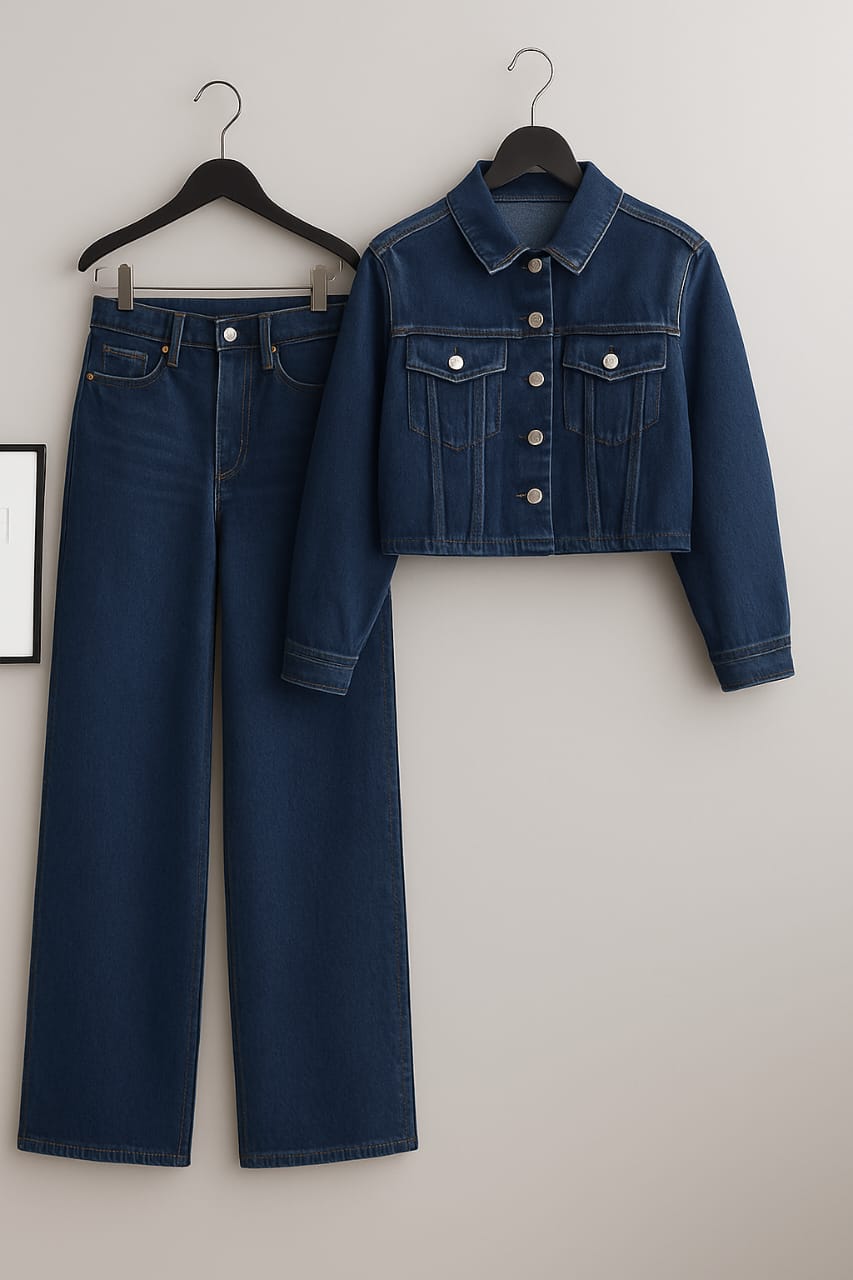 Blue Crop Denim Jacket With Blue Wide Leg Jeans