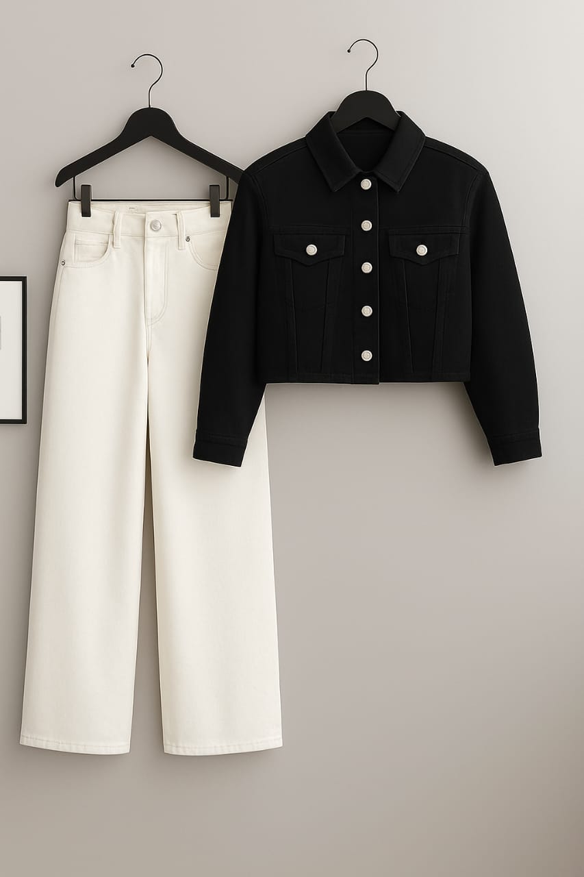 Black Crop Denim Jacket With White Wide Leg Jeans
