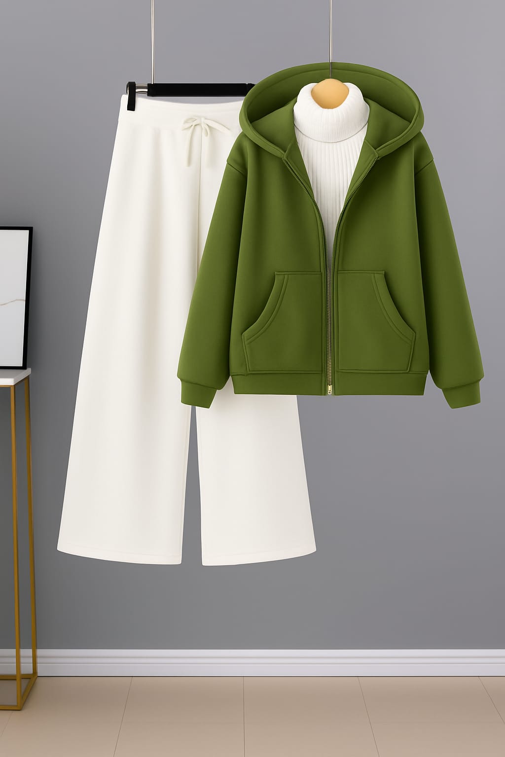 Khakhi Green Zipper Hoodie With Highneck & White Flapper
