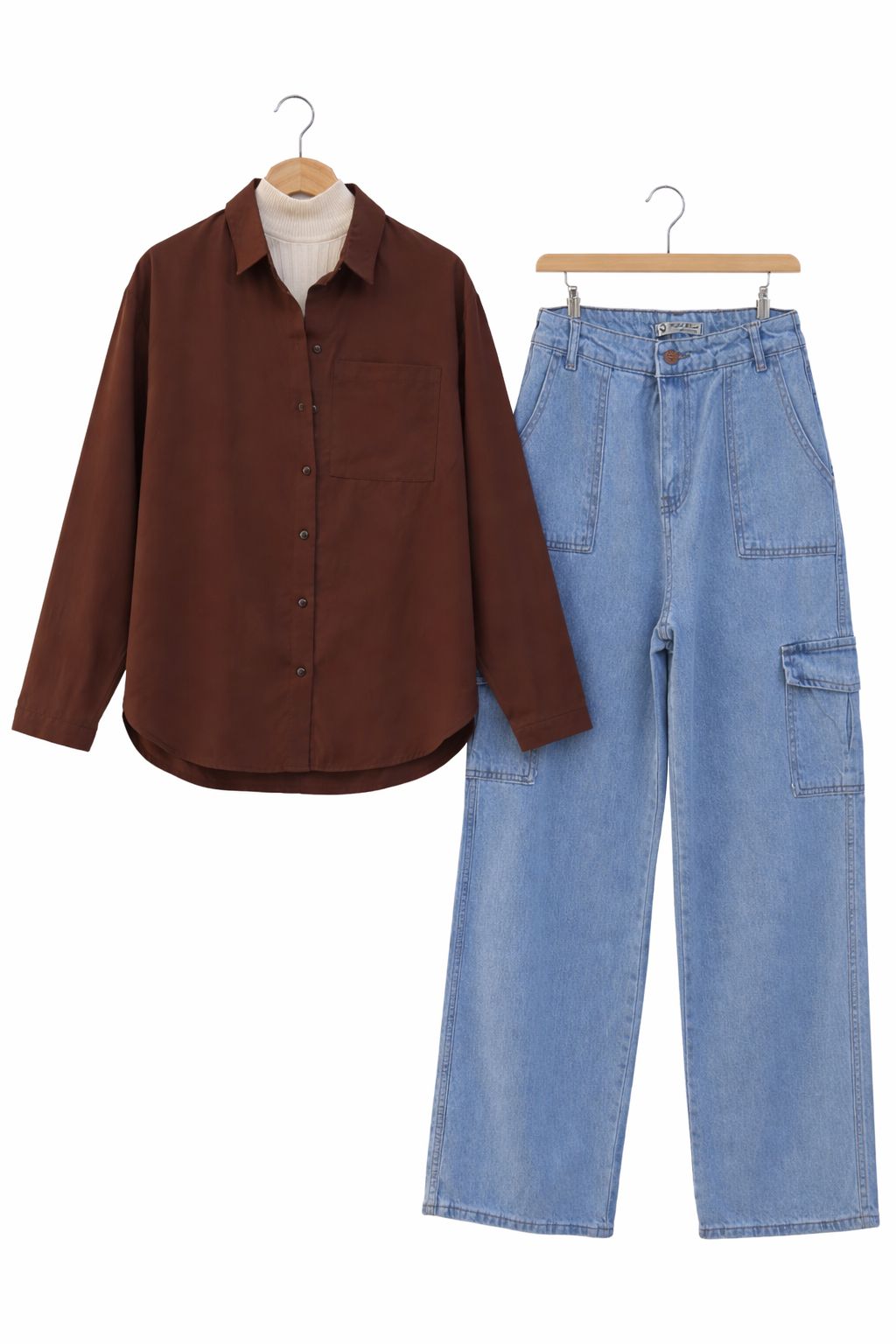 BROWN BUTTON DOWN SHIRT WITH INNER & ICE-BLUE CARGO JEANS