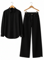 BLACK BUTTON DOWN SHIRT WITH BLACK WIDE LEG JEANS
