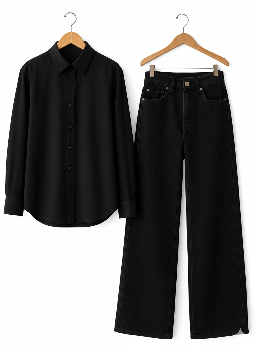 BLACK BUTTON DOWN SHIRT WITH BLACK WIDE LEG JEANS