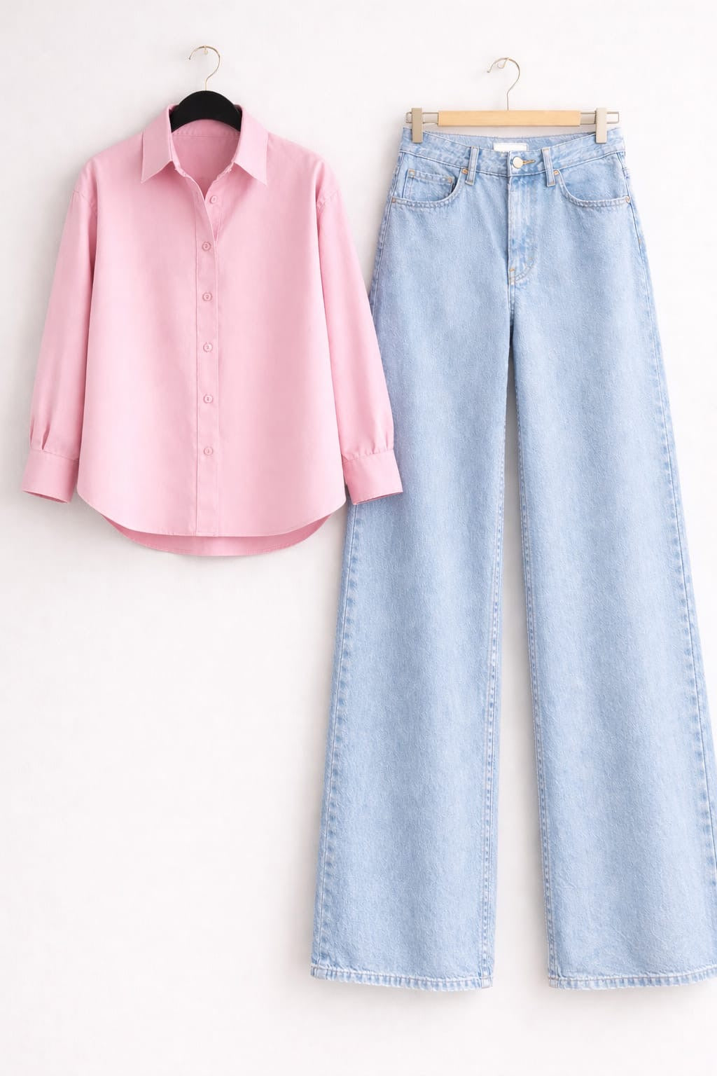 BABY PINK BUTTON DOWN WITH ICEBLUE WIDE LEG JEANS