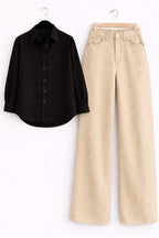 BLACK BUTTON DOWN SHIRT WITH BEIGE WIDE LEG JEANS