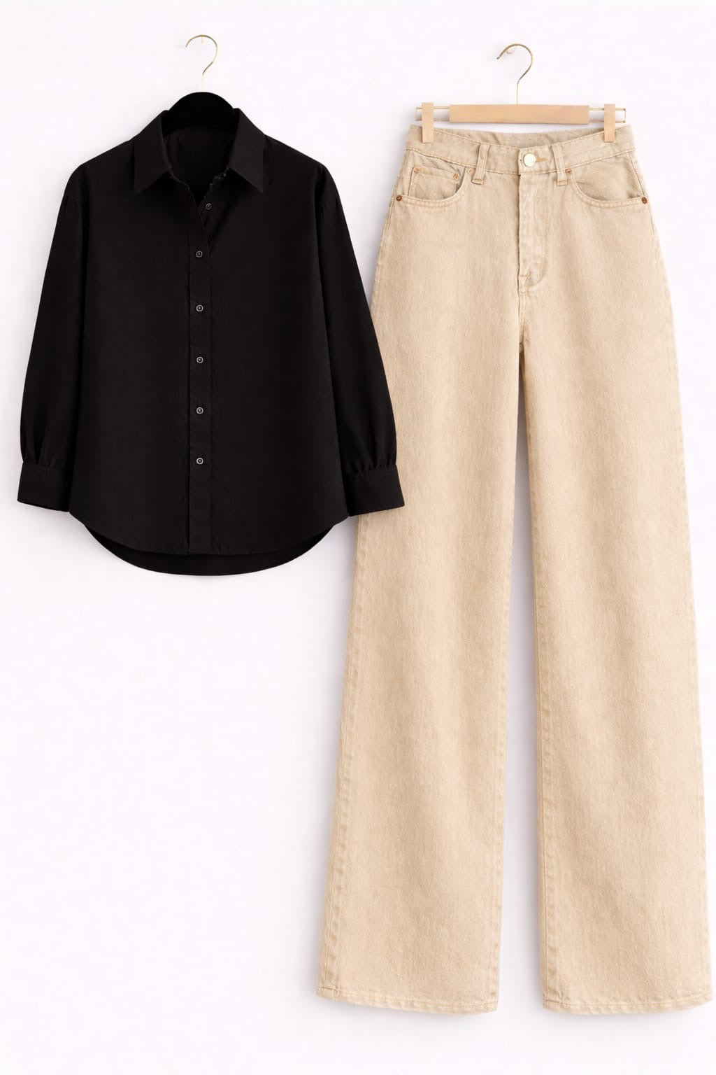 BLACK BUTTON DOWN SHIRT WITH BEIGE WIDE LEG JEANS