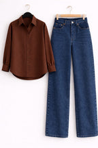 BROWN BUTTON DOWN SHIRT & MID-BLUE WIDE LEG JEANS