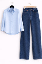 SKY BLUE BUTTON DOWN SHIRT WITH MID-BLUE WIDE LEG JEANS