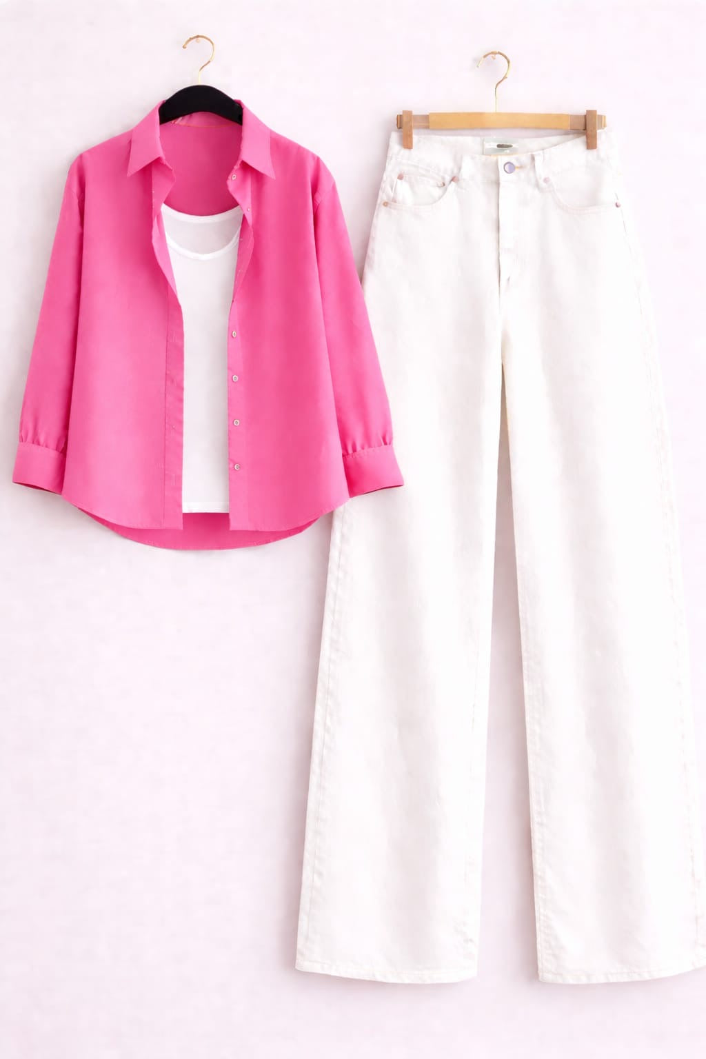 HOT PINK BUTTON DOWN SHIRT WITH INNER & WHITE WIDE LEG JEANS