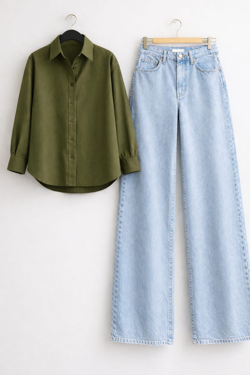 OLIVE GREEN BUTTON DOWN SHIRT WITH ICEBLUE WIDE LEG JEANS