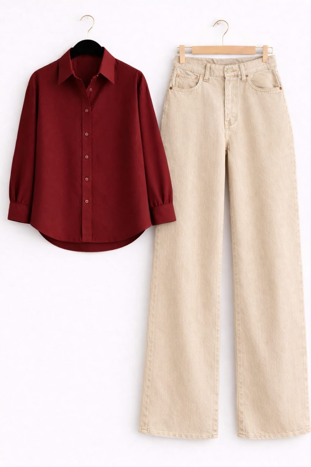 MAROON BUTTON DOWN SHIRT WITH BEIGE WIDE LEG JEANS