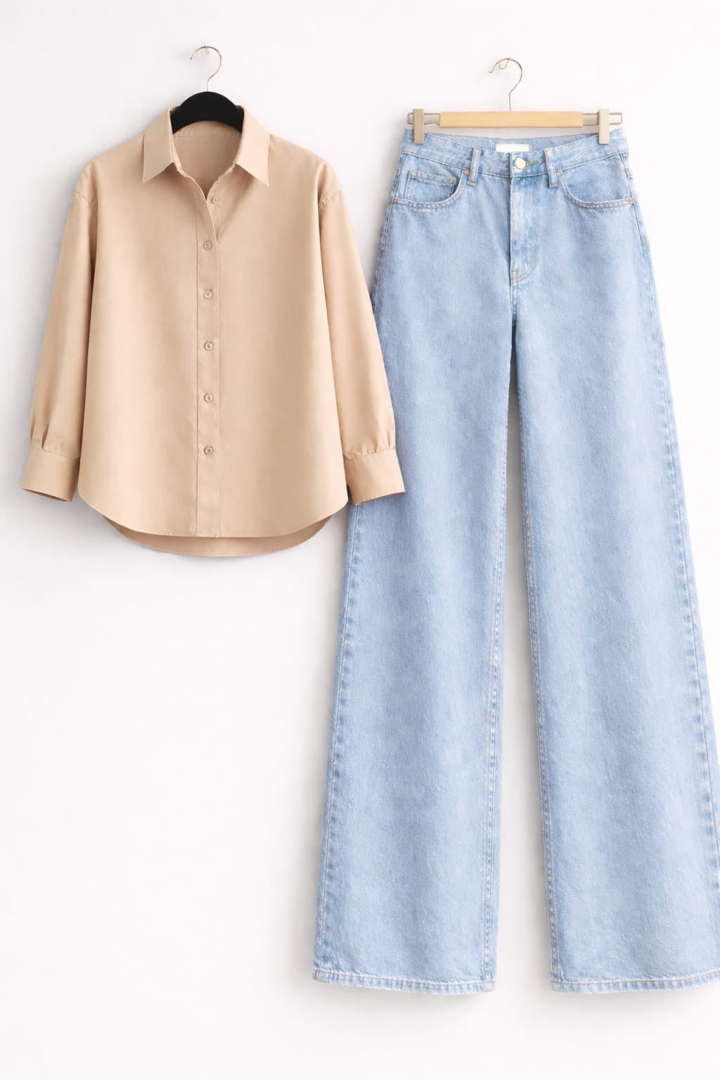 BEIGE BUTTON DOWN SHIRT & ICE-BLUE WIDE LEG JEANS