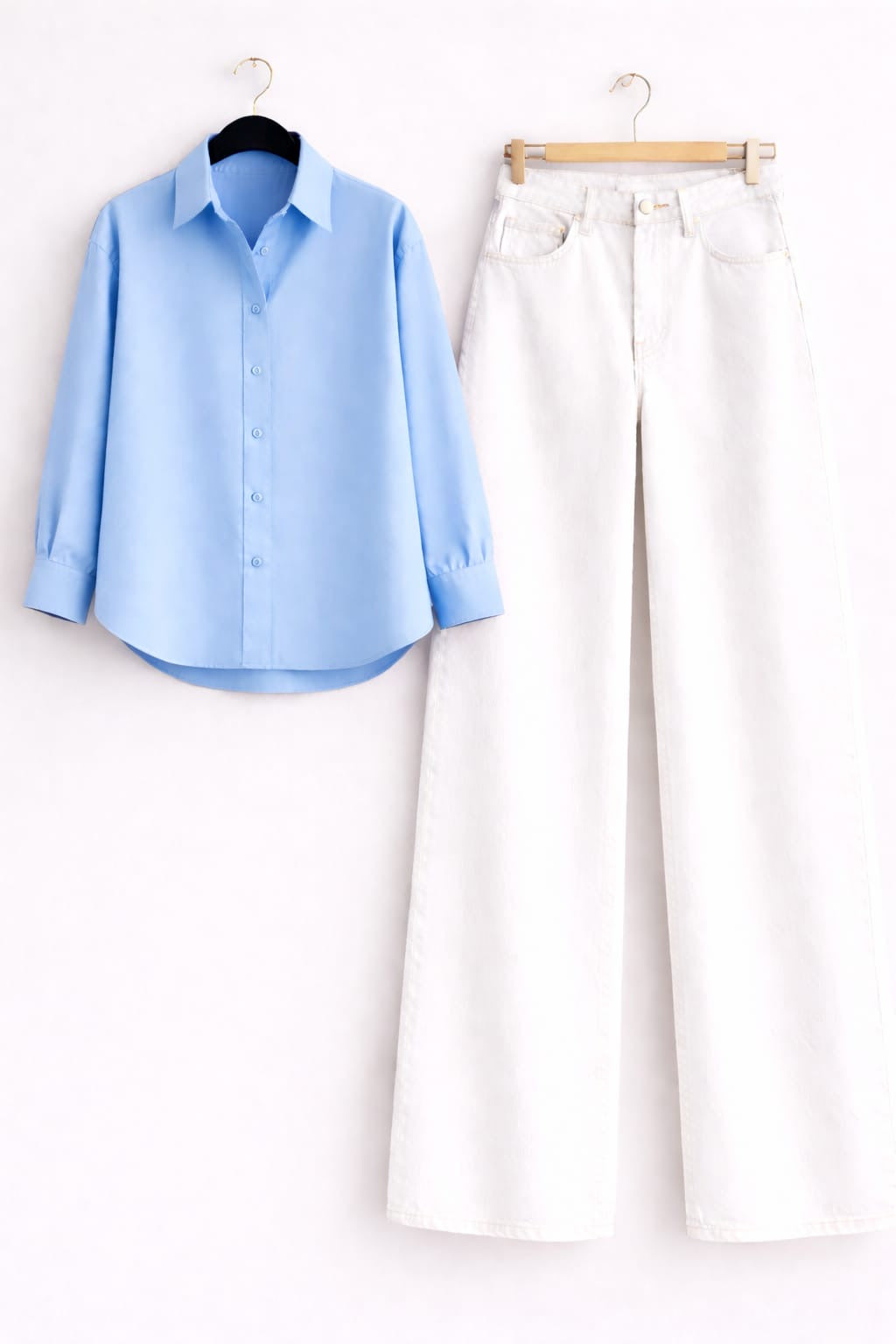 SKY-BLUE BUTTON DOWN SHIRT WITH WHITE WIDE LEG JEANS