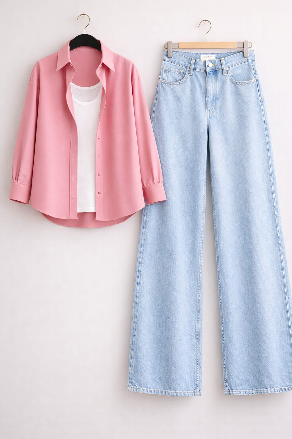 BABY PINK BUTTON DOWN SHIRT WITH INNER & ICE-BLUE WIDE LEG JEANS
