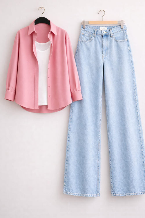 BABY PINK BUTTON DOWN SHIRT WITH INNER & ICE-BLUE WIDE LEG JEANS