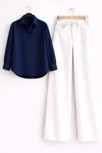 NAVY-BLUE BUTTON DOWN SHIRT WITH WHITE WIDE LEG JEANS
