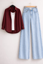 MAROON BUTTON DOWN SHIRT WITH INNER & ICE-BLUE WIDE LEG JEANS